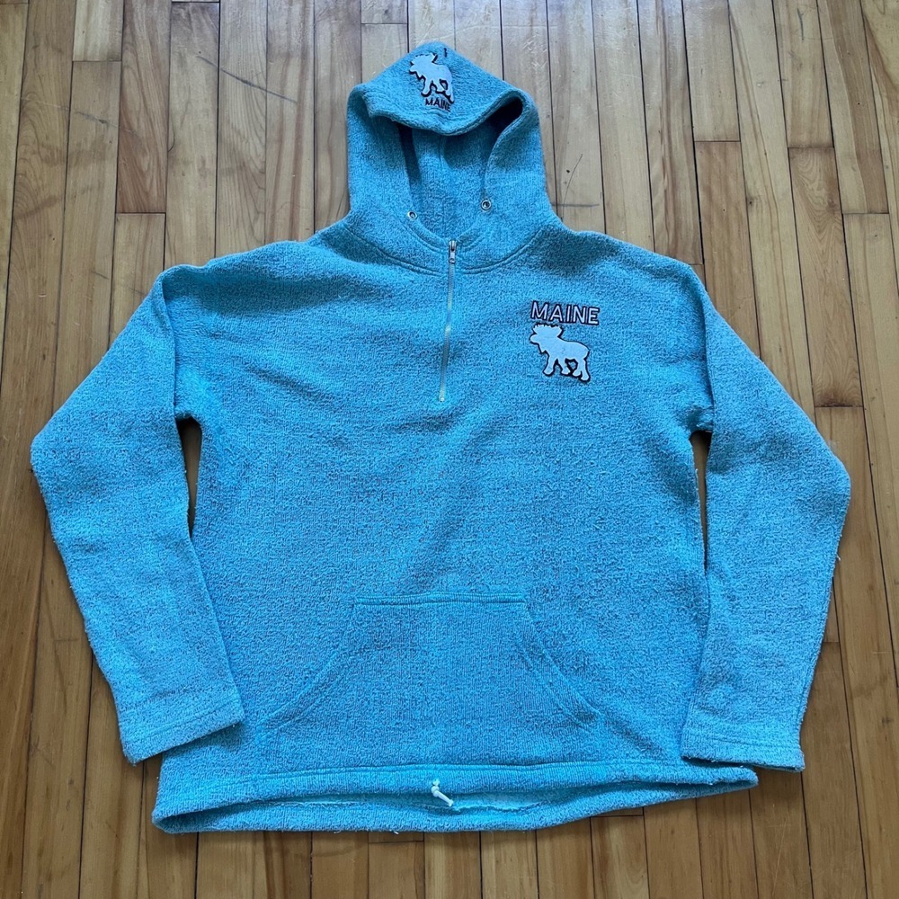Maine Moose Souvenir Quarter Zip Textured Knit Hoodie Turquoise Blue Pullover